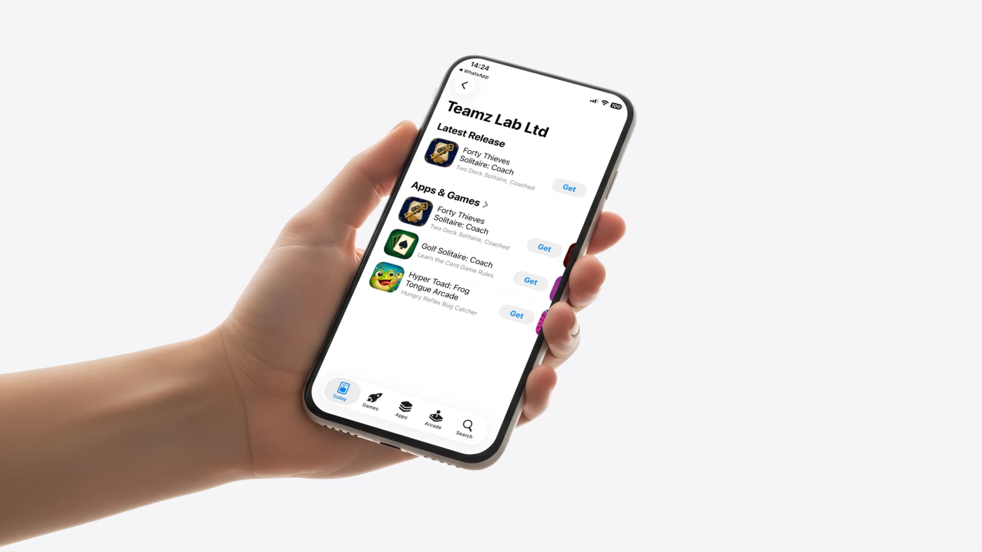 Hand holding a phone showing the Teamz Lab app listing