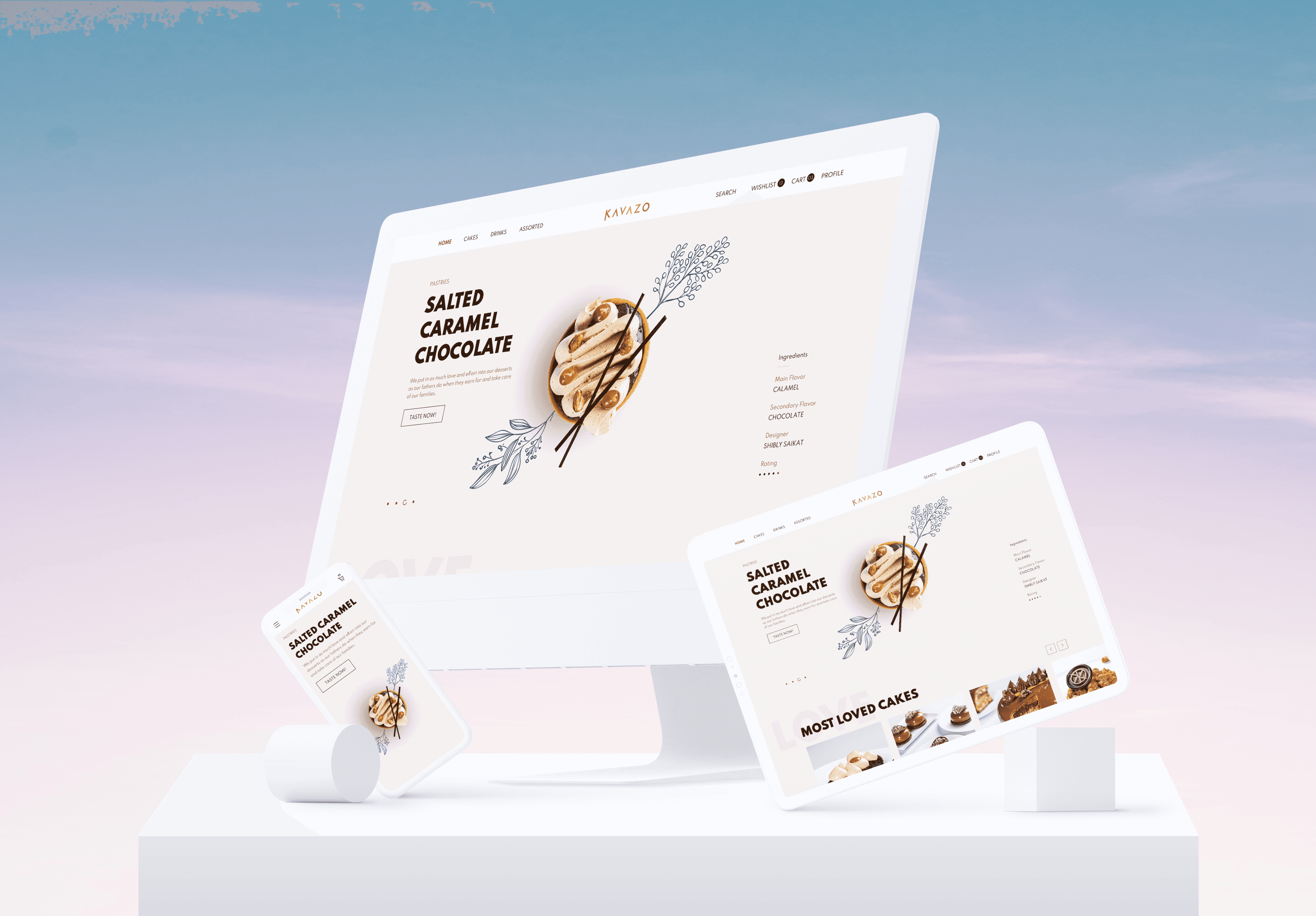 Dessert e-commerce brand presented across desktop and mobile screens